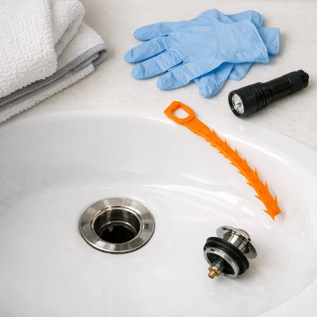 Overhead close-up of a bathroom sink drain with the stopper removed, a plastic hair-removal tool, gloves, flashlight, and towel arranged beside the basin