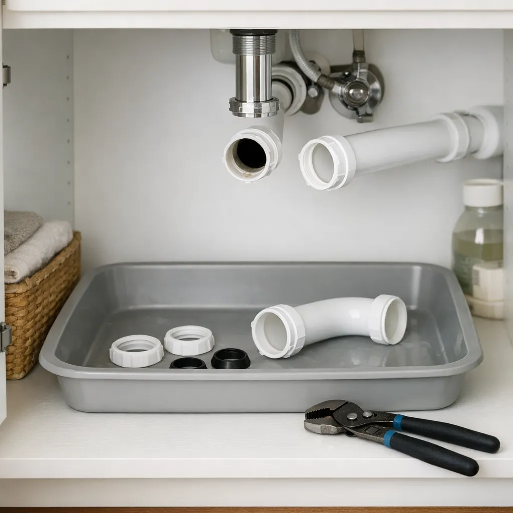 Straight-on under-sink view of a removed white P-trap above a shallow catch pan, with slip nuts, tapered washers, and adjustable pliers clearly visible
