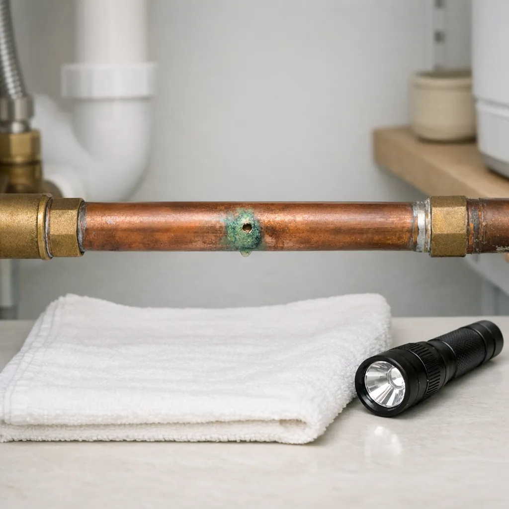 Close-up of an accessible copper supply pipe with a single green-stained pinhole above a dry white inspection towel and a flashlight, photographed in a clean utility room