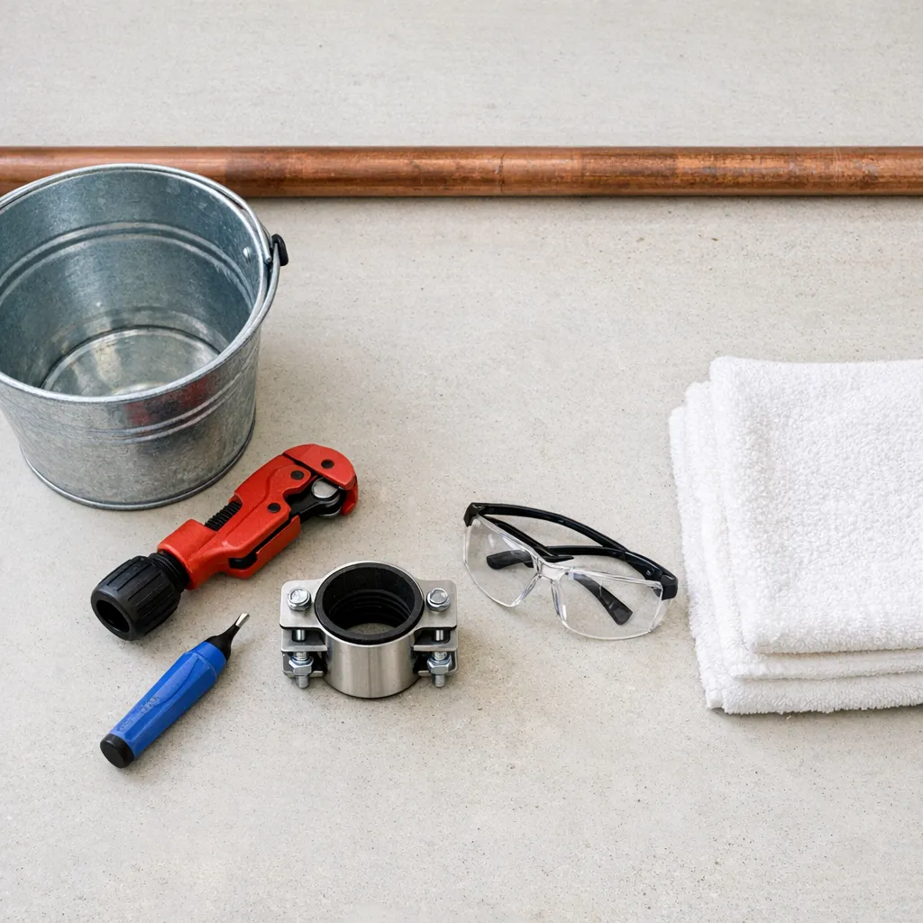 Overhead view of a bucket, pipe cutter, deburring tool, correctly sized repair clamp, safety glasses, and white towels arranged beside an unpressurized copper pipe on a clean workshop bench