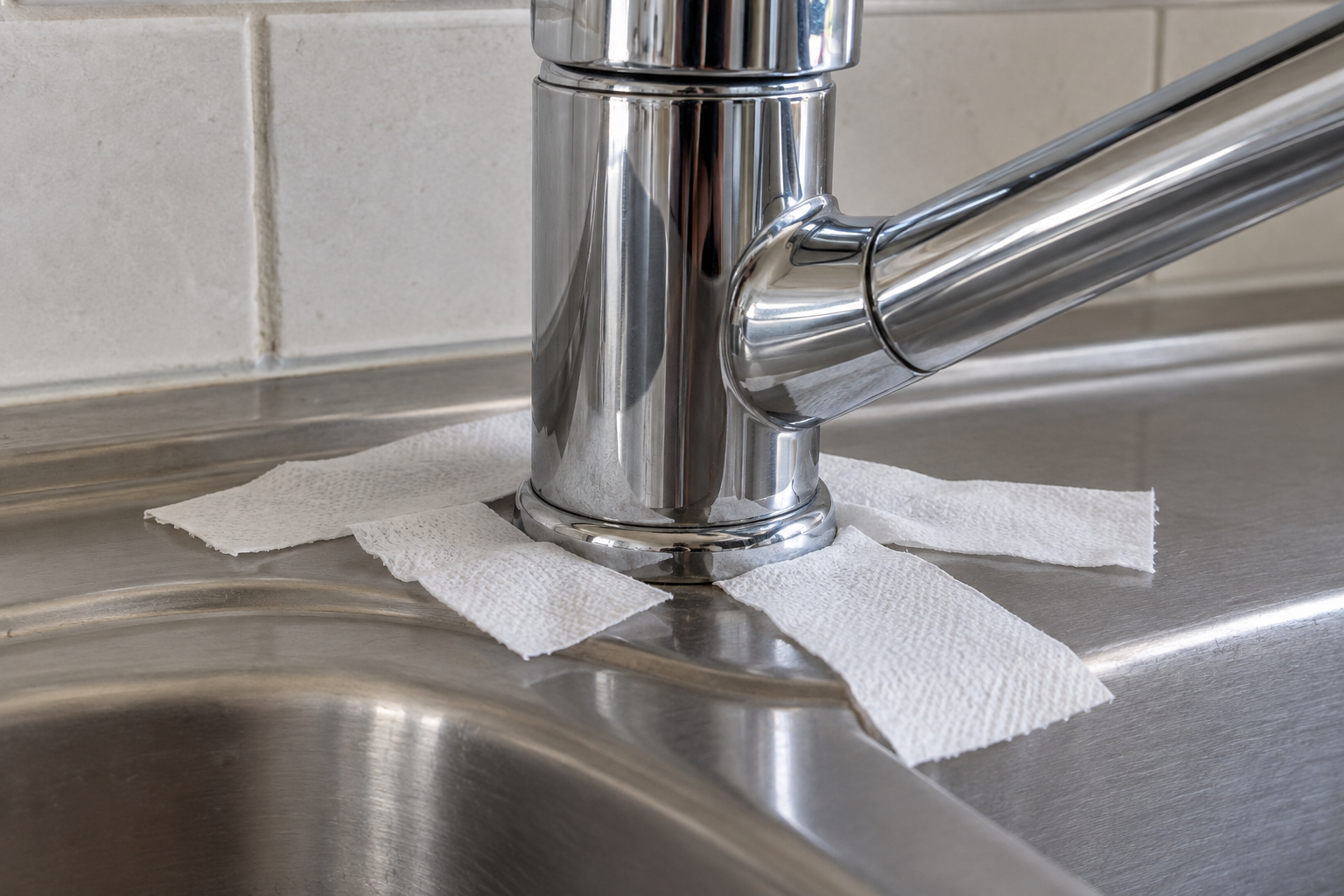 Conceptual illustration of tissue strips around a generic faucet base for a leak check, not a specific Delta model