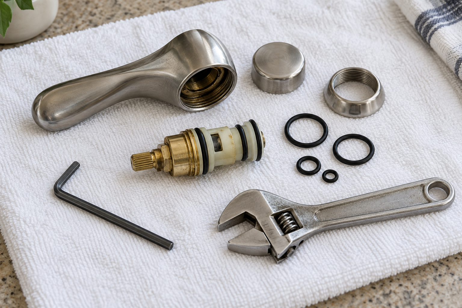 Conceptual illustration of generic faucet repair parts; not a model-specific parts identification guide