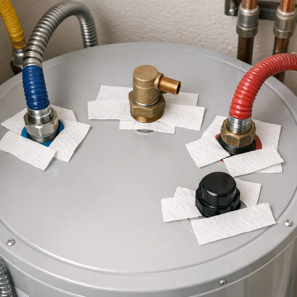 Overhead close-up of a conventional water heater top with dry paper towel strips arranged separately around the cold inlet, hot outlet, and threaded connections to trace a small leak
