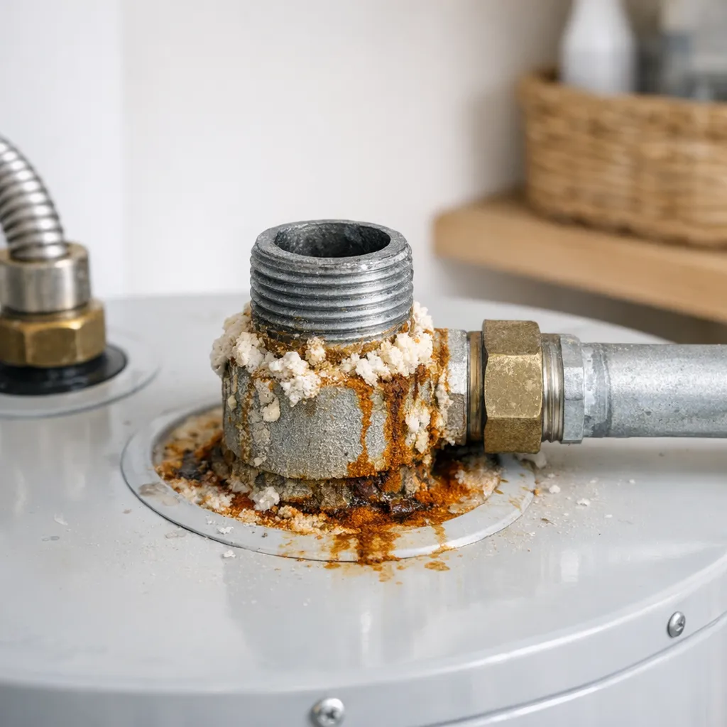 Detailed angled photo of mineral deposits and rust staining around a water heater’s threaded top nipple, with the surrounding jacket and pipe connection clearly visible