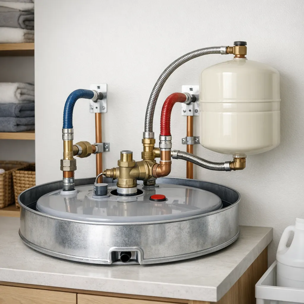 Wide object-focused utility-room photo showing a dry water heater top, properly supported piping, an expansion tank connection, and an unobstructed drain pan below