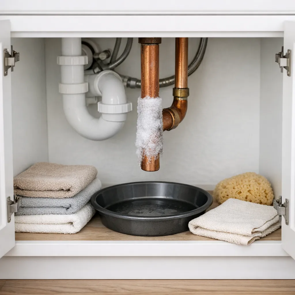 Wide close-up of an accessible copper hot-water pipe with a frosted section beneath an open sink cabinet, towels and a shallow catch pan arranged below, with no people present