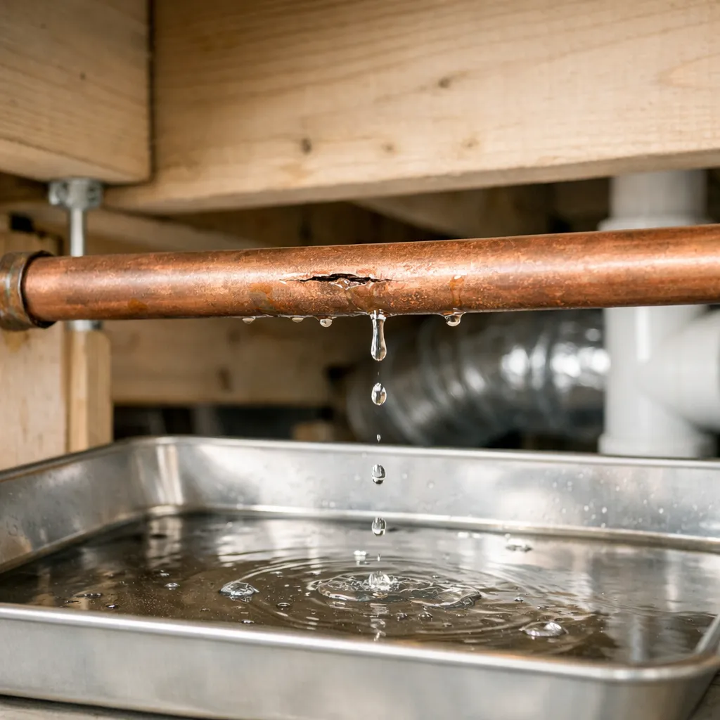 Close-up of a thawed copper pipe above exposed basement joists showing a small longitudinal split and droplets over a catch pan, photographed with neutral work lighting and no people