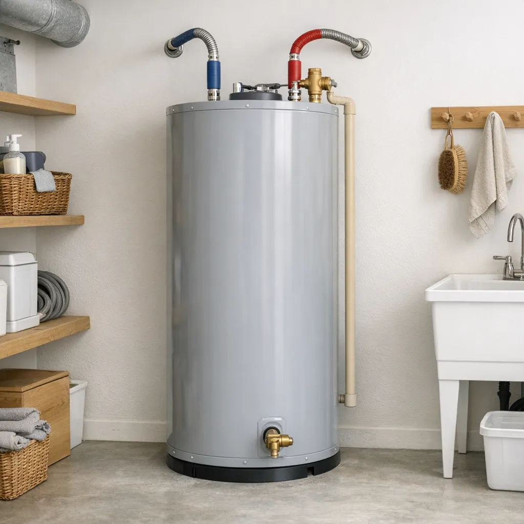 Straight-on photograph of a clean residential tank water heater in a utility room with the cold inlet, hot outlet, relief valve, discharge pipe, and drain valve clearly visible and no labels or people