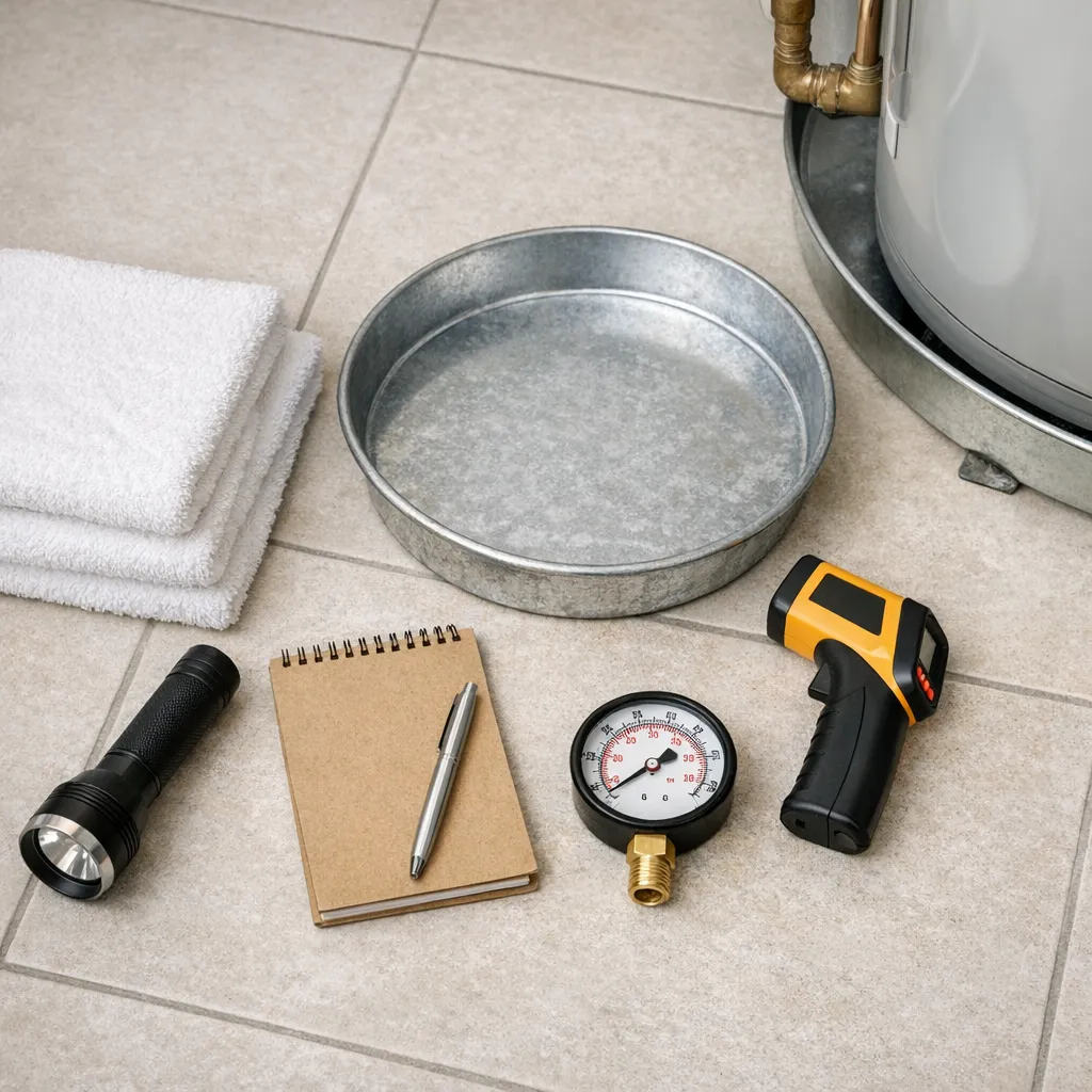 Overhead photograph of a flashlight, shallow leak pan, white towels, notebook, infrared thermometer, and water pressure gauge arranged on a dry utility-room floor beside a water heater