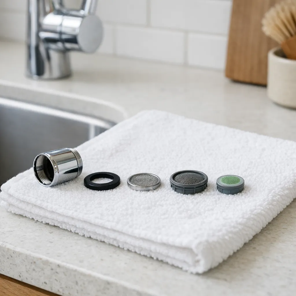 Close-up of a disassembled kitchen faucet aerator with screens and washer arranged in order on a white towel beside a clean sink