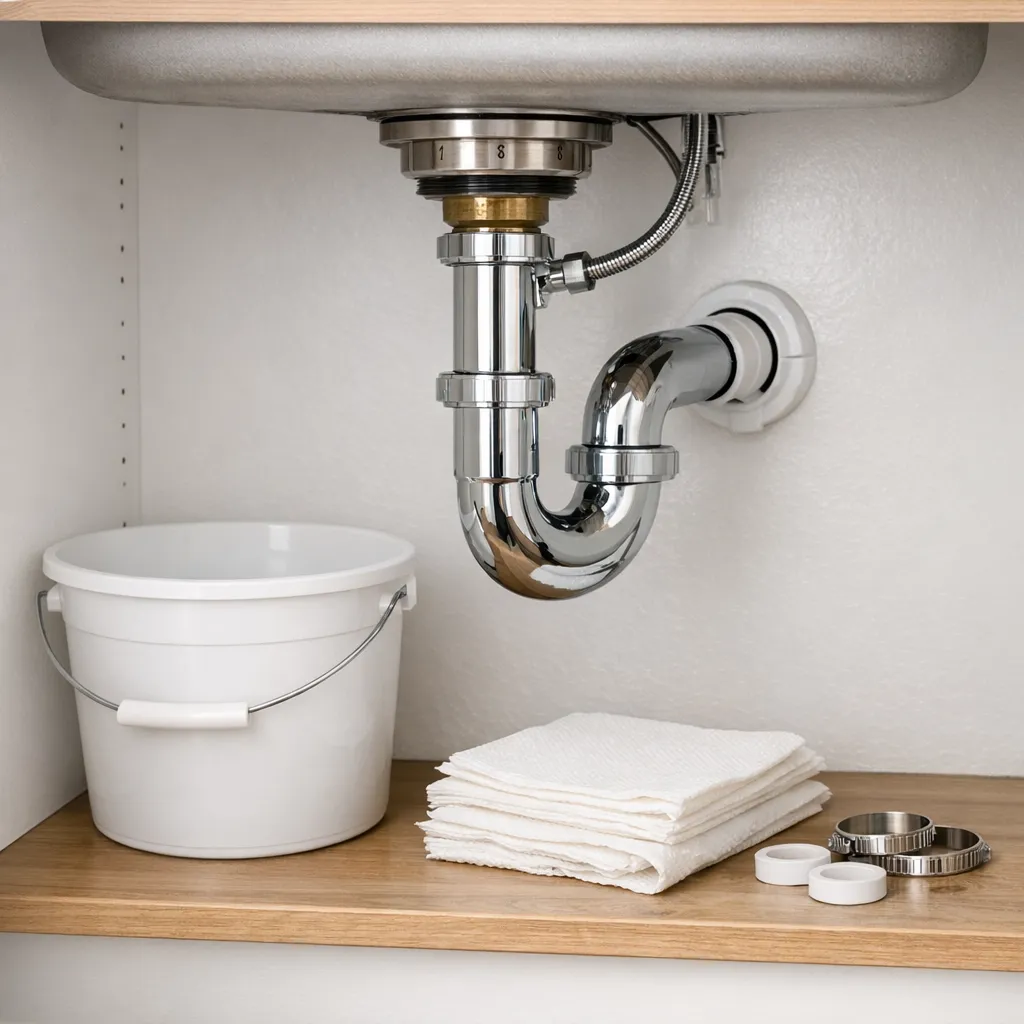 Well-lit under-sink view showing a kitchen P-trap, basket strainer, labeled drain joints, bucket, and dry paper towels with electrical cords safely absent