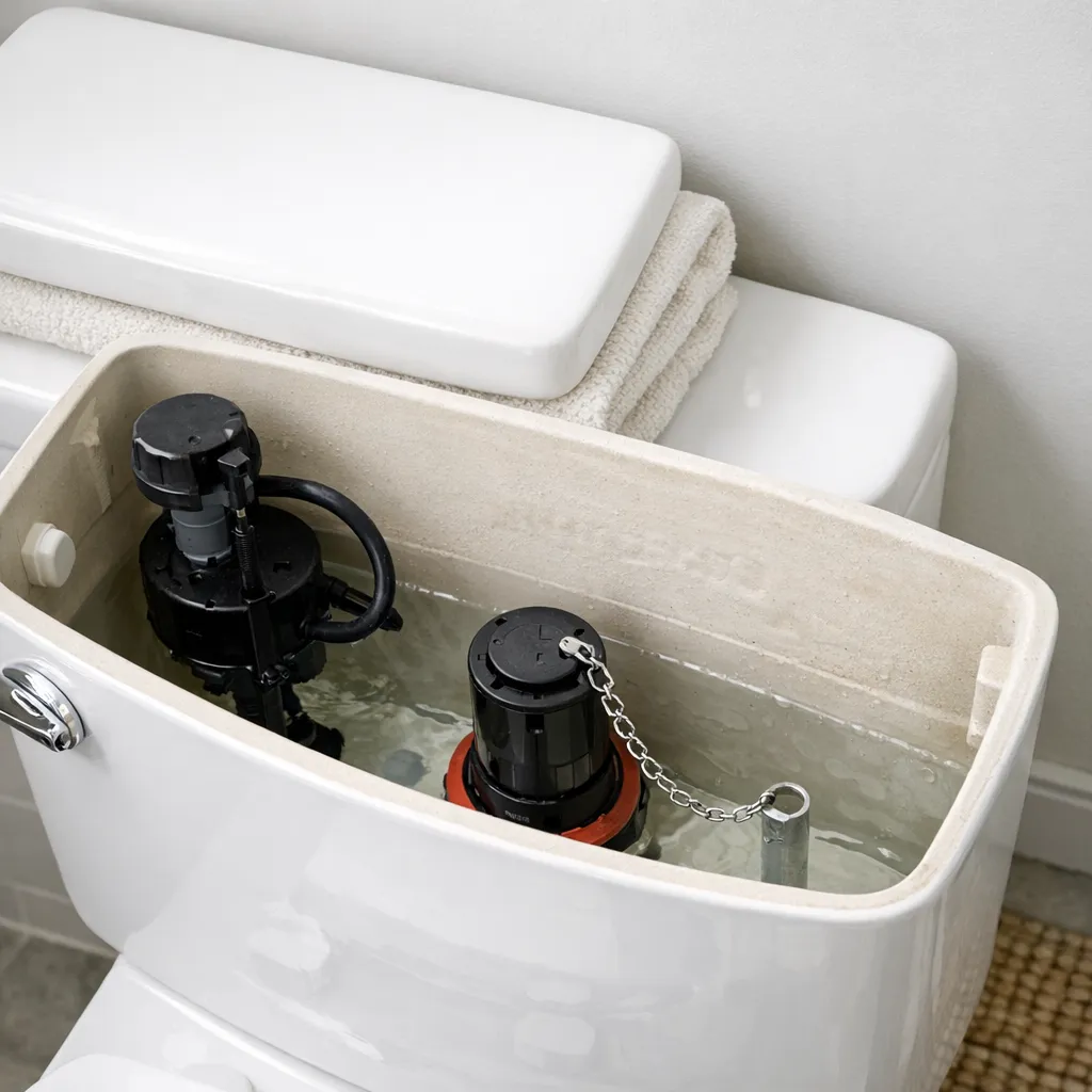 Overhead close-up of an open Kohler toilet tank showing the fill valve, flush canister, chain, waterline, and an embossed model number, with the porcelain lid resting on a folded towel and no people p