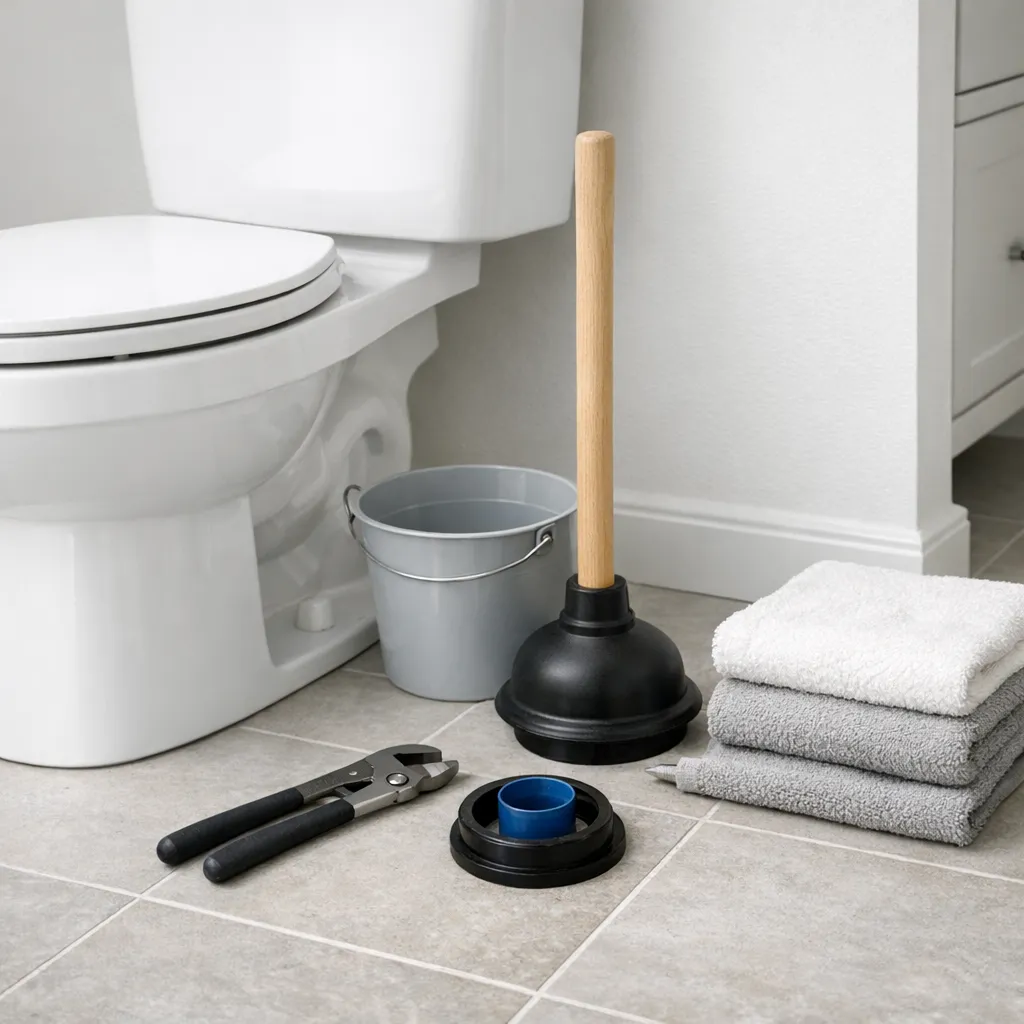 Side-angle close-up of a white toilet bowl and tank with a flange plunger, small bucket, adjustable pliers, replacement canister seal, and towels neatly arranged on a dry tile floor, with no people pr
