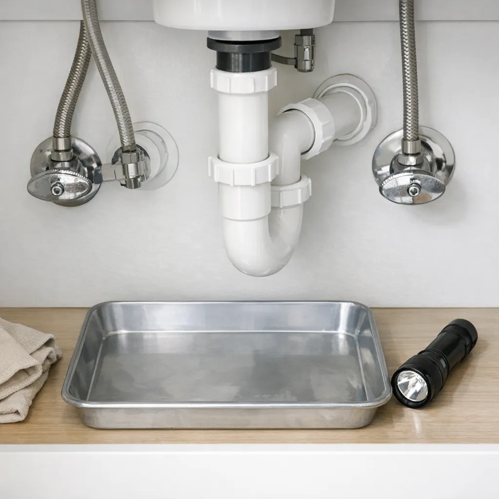 Close overhead view inside an empty sink cabinet with dry supply lines, shutoff valves, white trap, flashlight, and a shallow test pan arranged for leak diagnosis