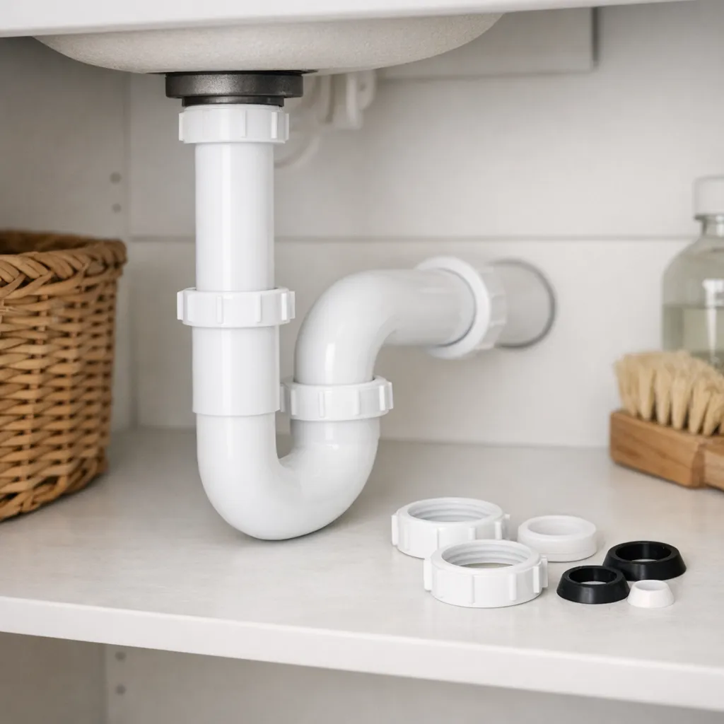 Side-on close-up of a correctly aligned white tubular P-trap with slip nuts and tapered washers displayed beside it on a clean cabinet shelf