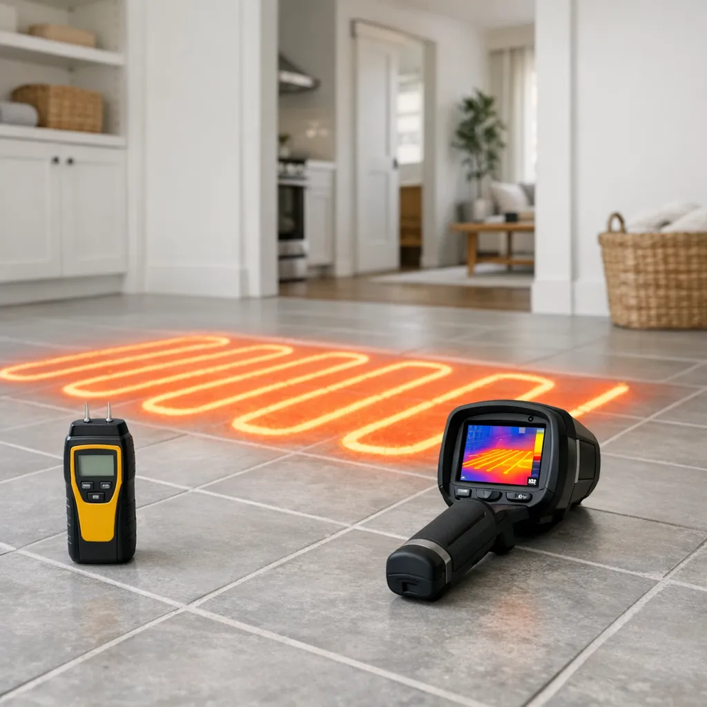 Wide low-angle view of an empty tiled room showing a moisture meter, infrared inspection camera, and marked warm floor zone with no people or text