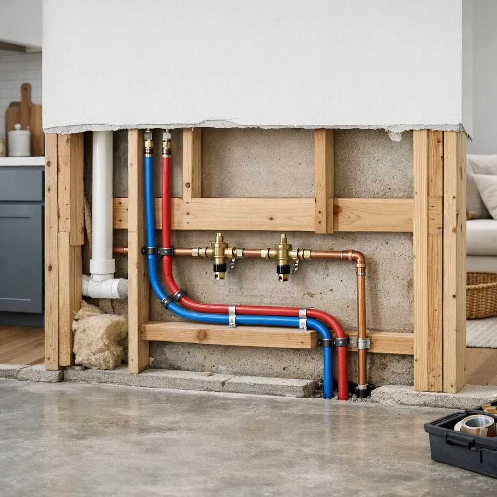 Cutaway-style photorealistic construction scene of an exposed wall cavity with neatly supported new water lines rerouted above an intact concrete floor, no labels or people