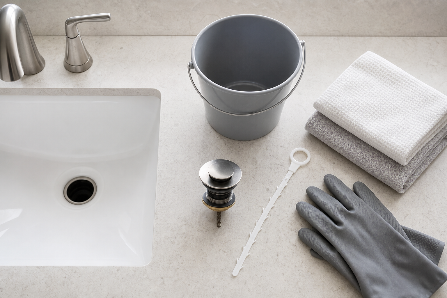 IMAGE: Overhead close-up of a removed bathroom sink pop-up stopper beside a plastic drain strip, bucket, gloves, and towels on a clean vanity