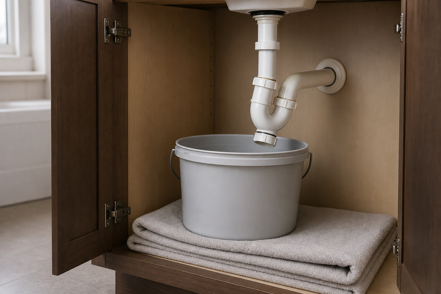 IMAGE: Eye-level under-sink view of an intact white P-trap being lowered into a bucket with towels protecting the cabinet floor and no exposed electrical hazards