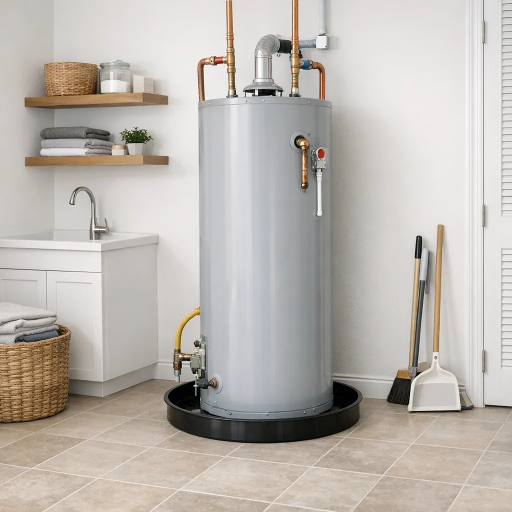 Wide three-quarter view of a conventional water heater in a clean utility room, showing labeled shutoff valve, drain pan, supply connections, and clear floor area
