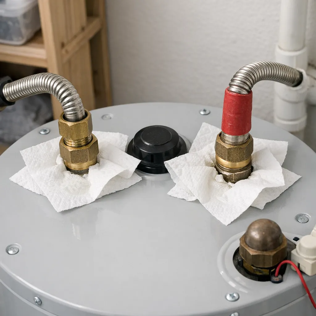 Close-up overhead photo of dry paper towels placed around a water heater’s top pipe connections to identify the first point of a slow leak, with no hands or people visible